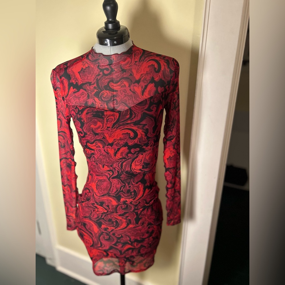Guess Red and Black Swirl Long Sleeve Dress
